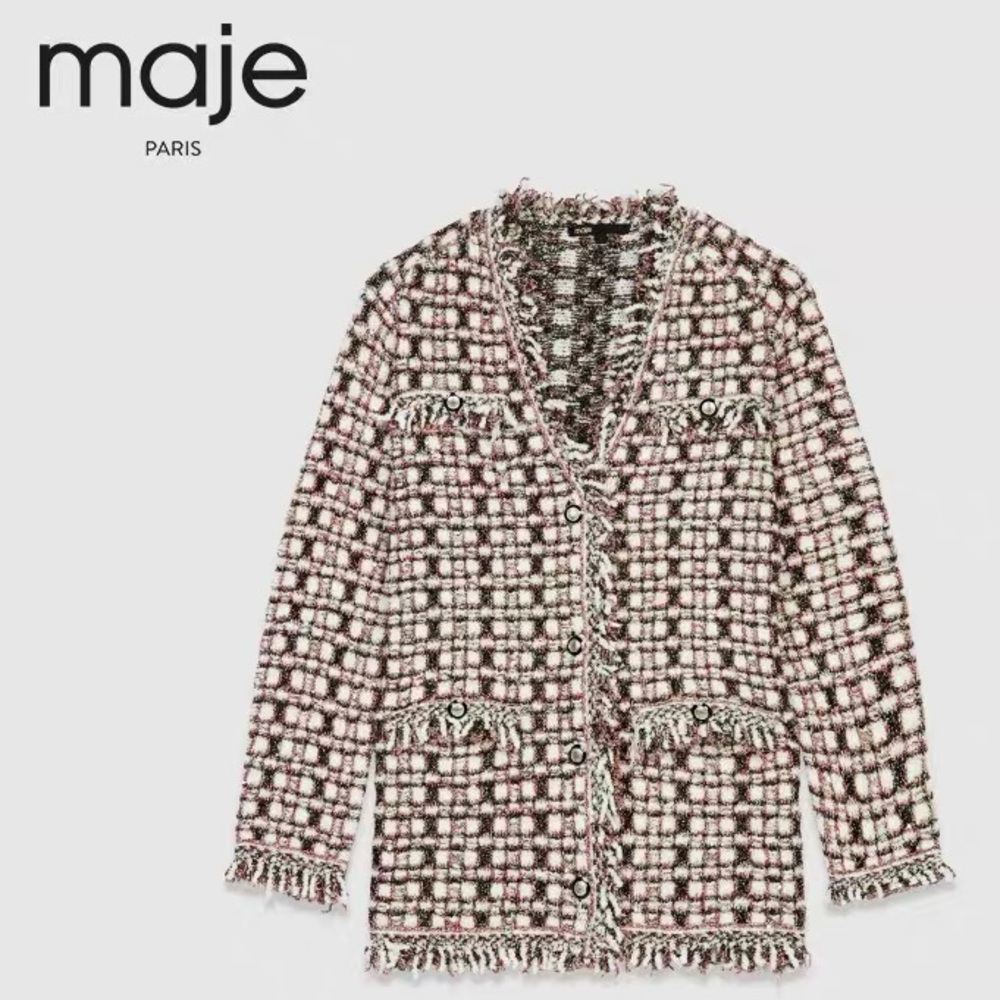 Maje Textured Knit Cardigan in Black, White, and Pink